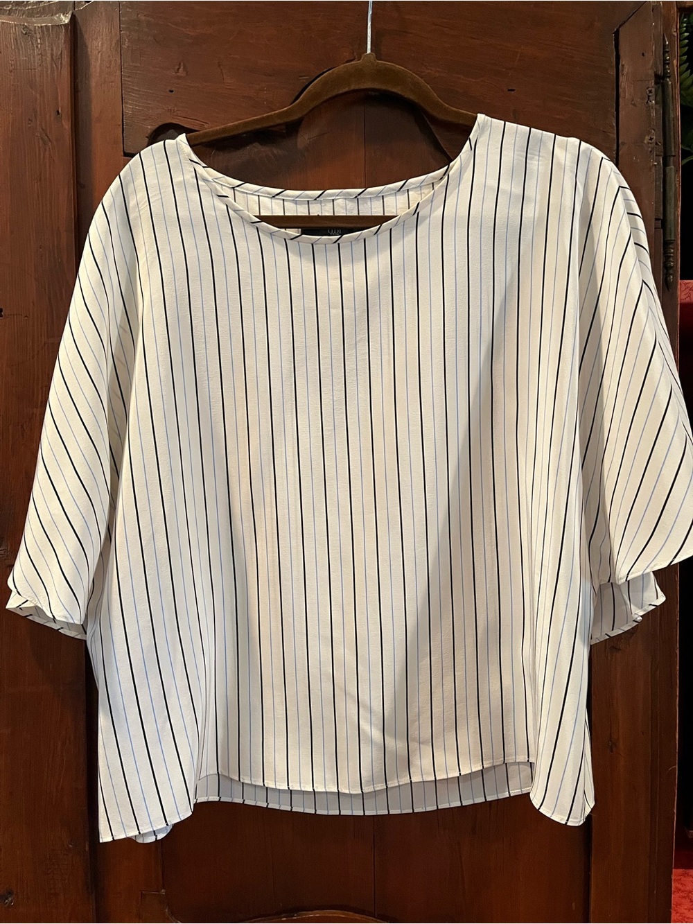 Tibi White Blouse with Navy Pinstripes - Relaxed Short Sleeve Top
